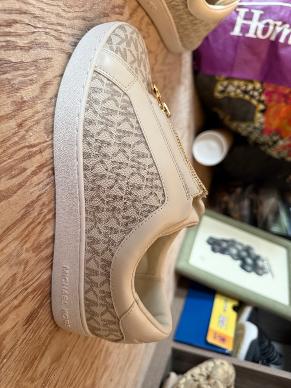 Michael Kors Beige and White Monogram Zip-Front Slip-On Sneakers - Picture 5 of 9